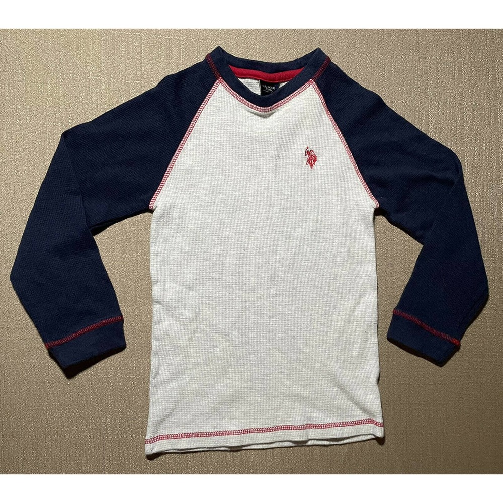 U.S. Polo Assn. Boys S Small (8) Thermal Shirt Grey W Navy Blue Long Sleeve Logo